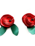 Earrings with red rose with leaves from satin fabric hanged in silver hoop