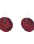 Earrings with red rose from satin fabric hanging from silver hoop