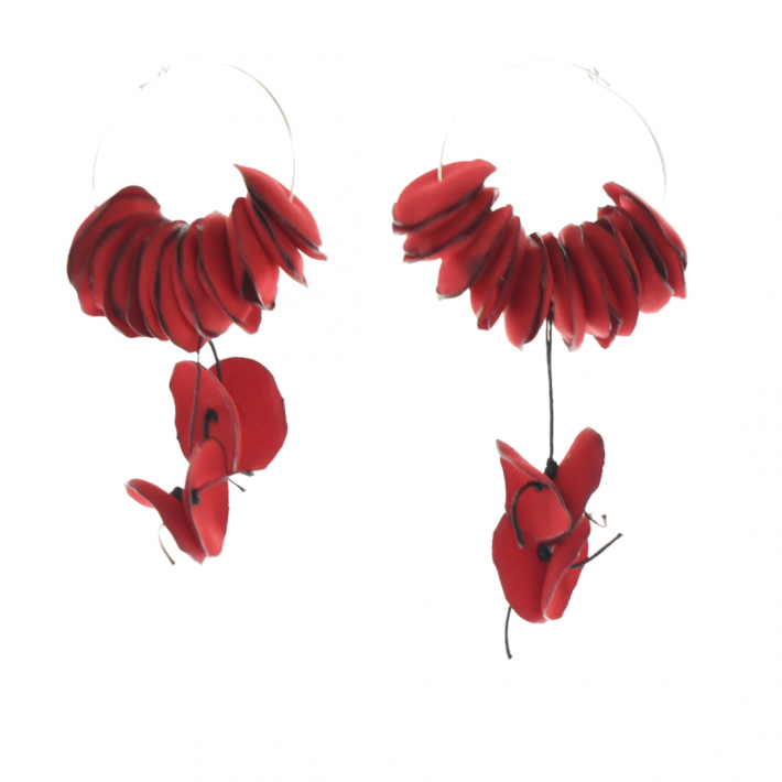 Earrings with red rose petals from satin fabric