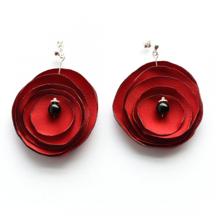 Earrings with red roses from satin fabric